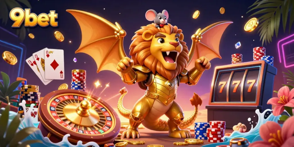 Experience the thrilling casino world with 9bet featuring vibrant gambling elements and a roaring chimera.