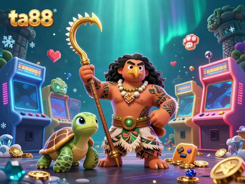 Experience the excitement of ta88 with a vibrant 3D illustration showcasing iconic casino elements and characters.