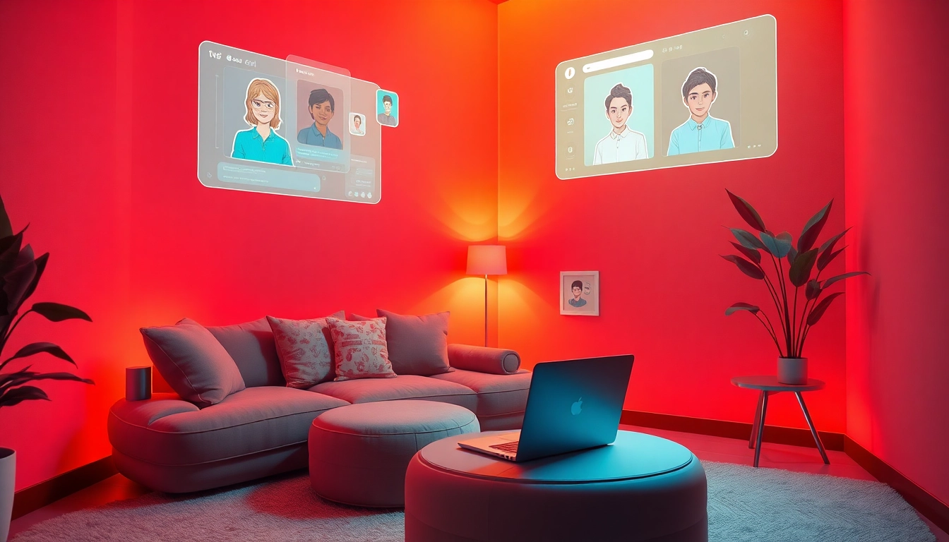 Porn AI chat scene featuring a cozy digital interaction space with high-tech elements and engaging interfaces.