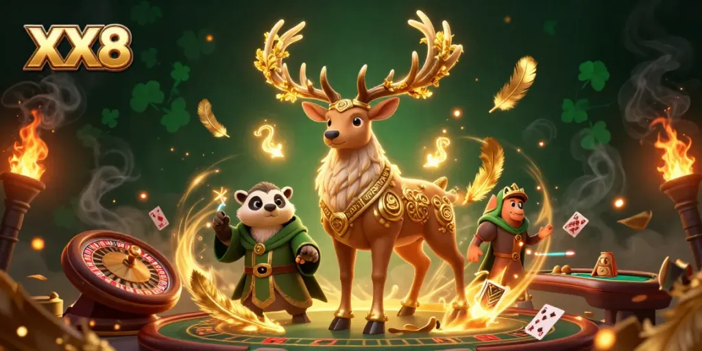 Experience the vibrant energy of XX8 with a druid stag and badger amidst a live casino setting.