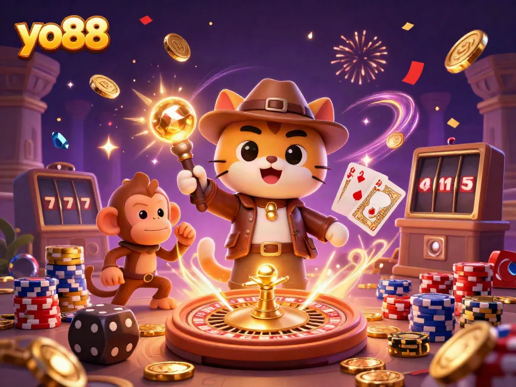Join the fun at yo88 with an explorer cat discovering golden casino treasures in a vibrant 3D scene!