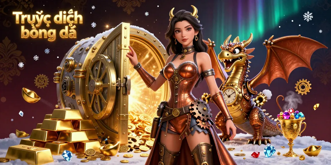 Experience Trực tiếp bóng đá thrills through a vibrant and dynamic casino-inspired scene featuring captivating steampunk elements and rich golden treasures.