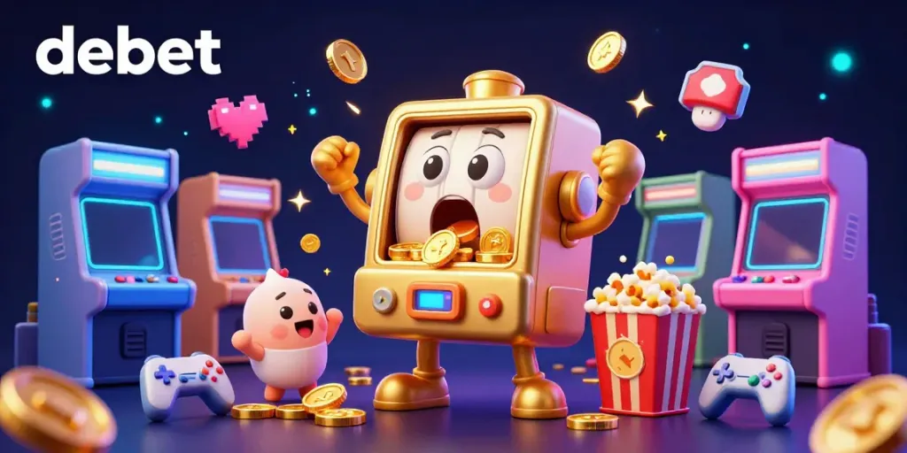 Experience the excitement at DEBET as a golden slot machine hits the jackpot with cheering companions and a playful popcorn machine.
