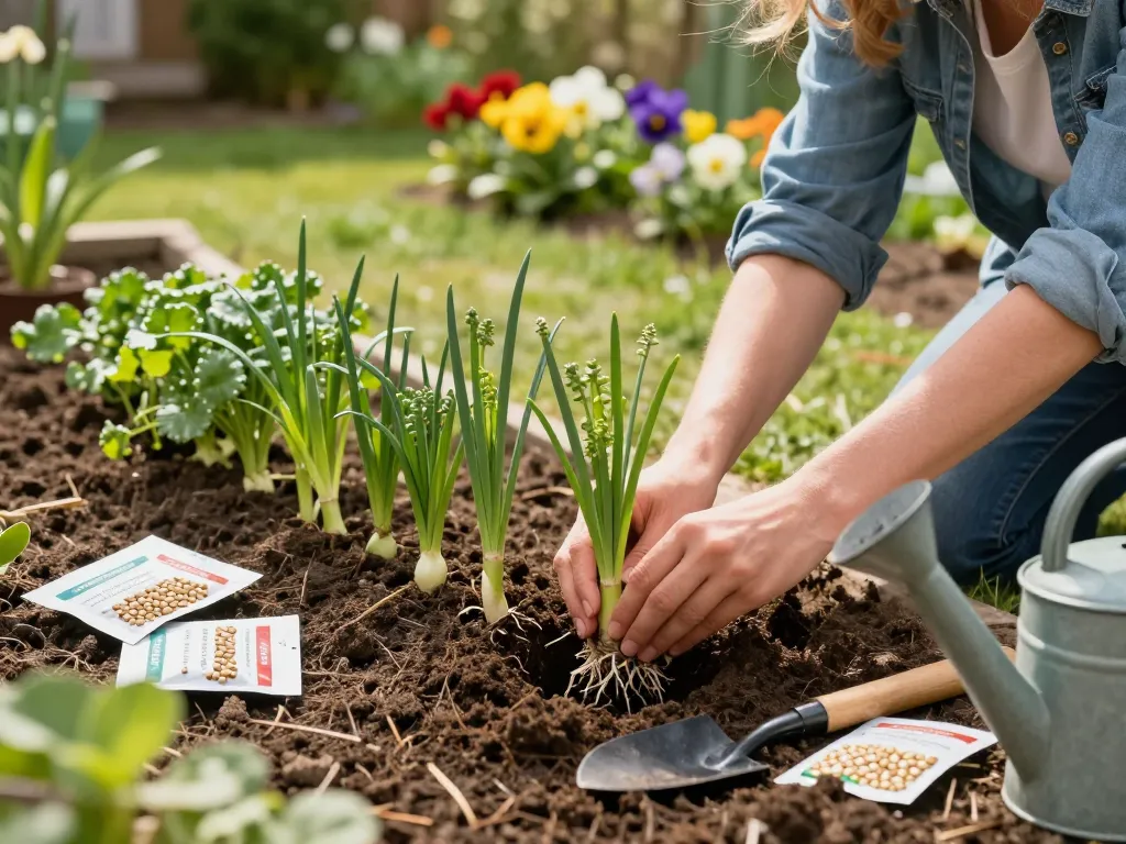 Planting spargel pflanzen in a lush garden bed with vibrant flowers around.