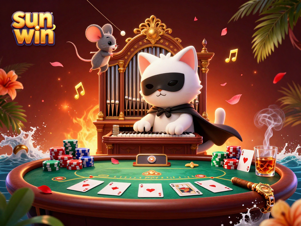 Experience sun win at the casino with this lively poker scene featuring a charming cat maestro.