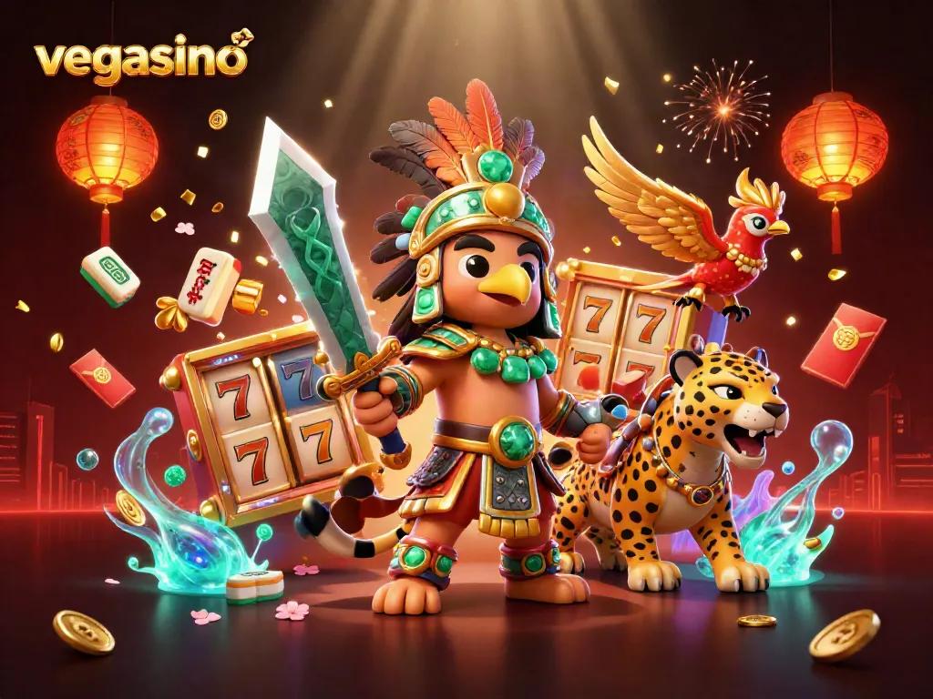 Engage with vegasino's thrilling atmosphere featuring Aztec warriors and dynamic gaming elements.