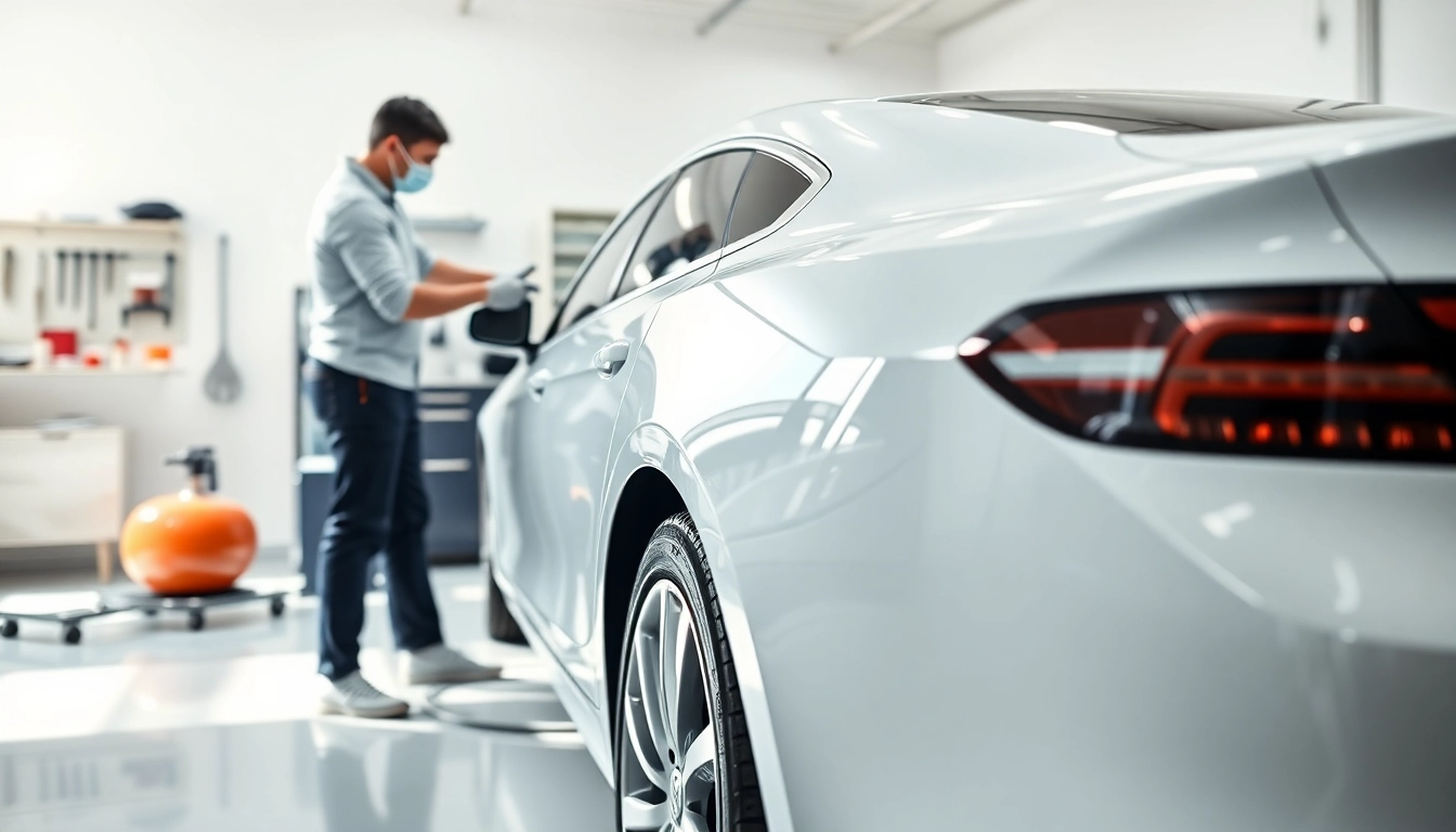 Fahrzeugaufbereitung in einer sauberen, modernen Werkstatt mit glänzendem Auto und detailbezogenen Werkzeugen.