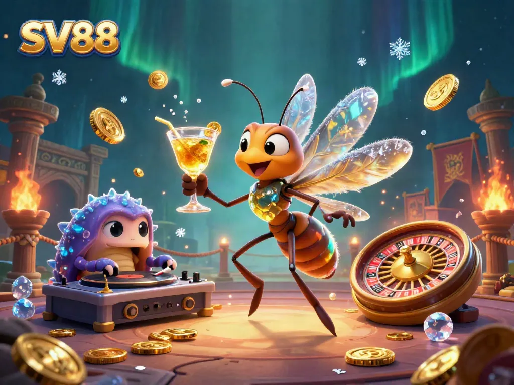 SV88 brings excitement with a cocktail-holding mascot, trilobite DJ, and golden roulette in a vibrant casino scene.