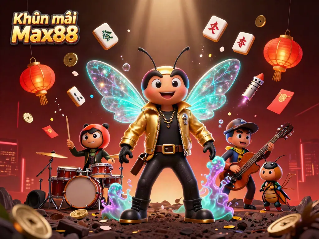 Catch the thrilling Khuyến mãi Max88 action with a vibrant 3D illustration of a rock star cicada and casino elements.
