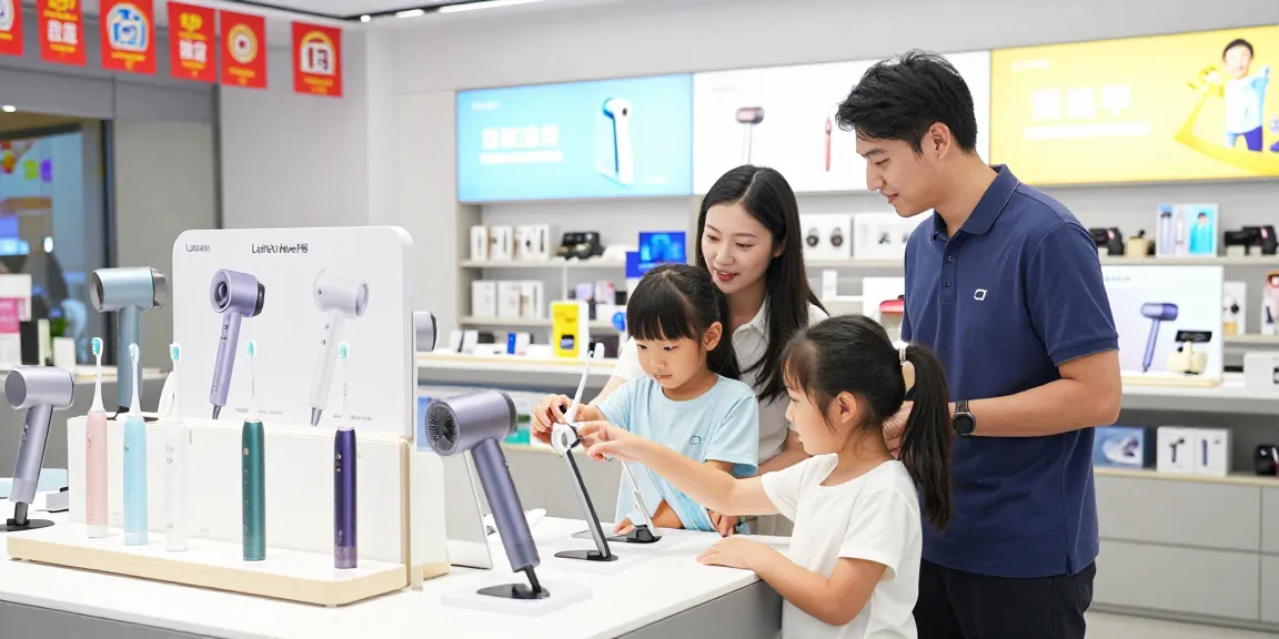 Erleben Sie die Laifen de Produkte im aufregenden Prime Day Sale mit elektrischen Zahnbürsten und Haartrocknern in einem modernen Einzelhandelsgeschäft.
