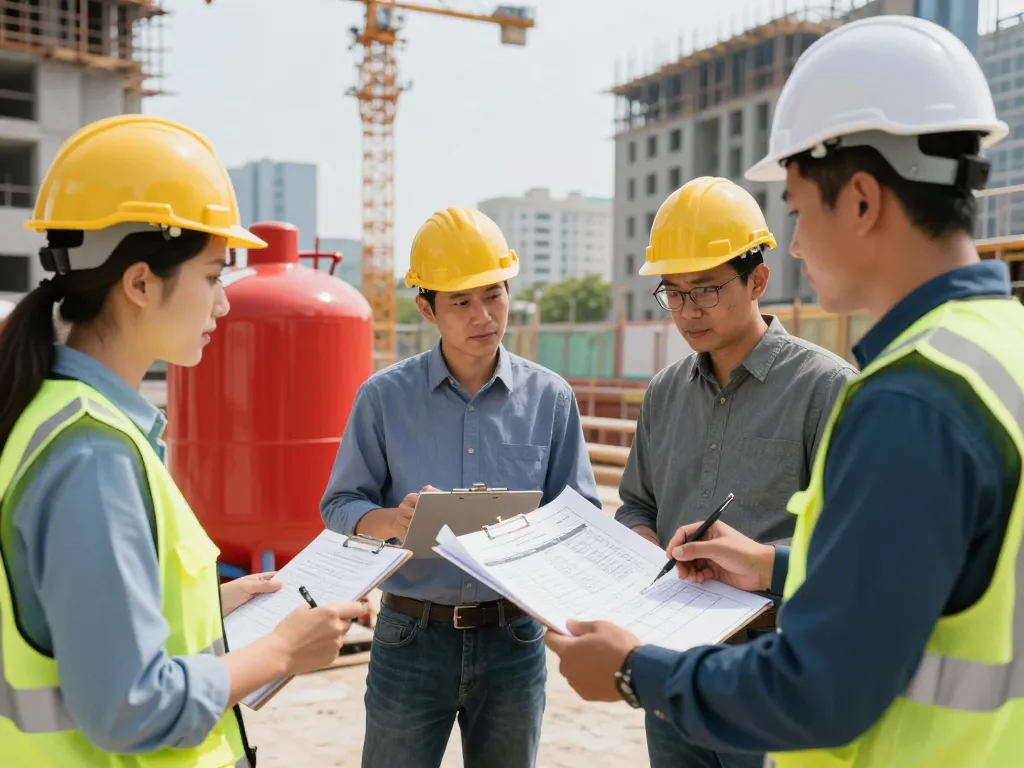 Löschwasser für Infrastrukturprojekte, die an einer Baustelle gezeigt werden, mit Ingenieuren, die an Lösungen für die Brandwasserbereitstellung zusammenarbeiten.