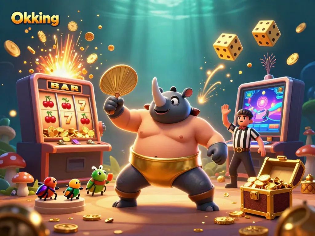 Watch the Okking sumo beetle champion sending coins flying in this vibrant casino scene.