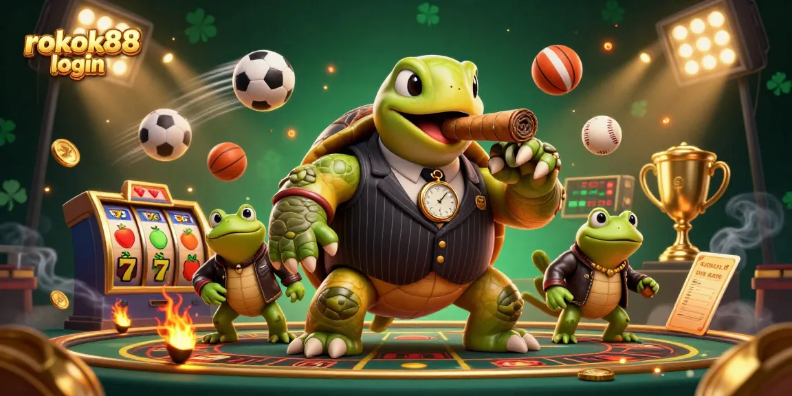 Experience winning with rokok88 login in a vibrant casino scene featuring a turtle mobster and sports elements.