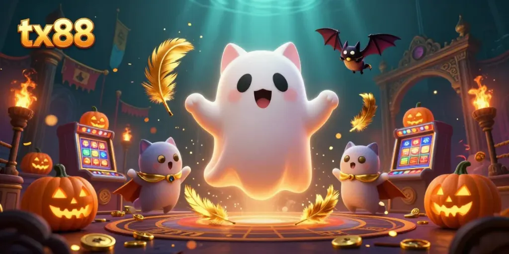 Engage with the vibrant world of tx88, featuring a ghost cat, a bat in a cape, and glowing jack-o-lanterns in a casino.