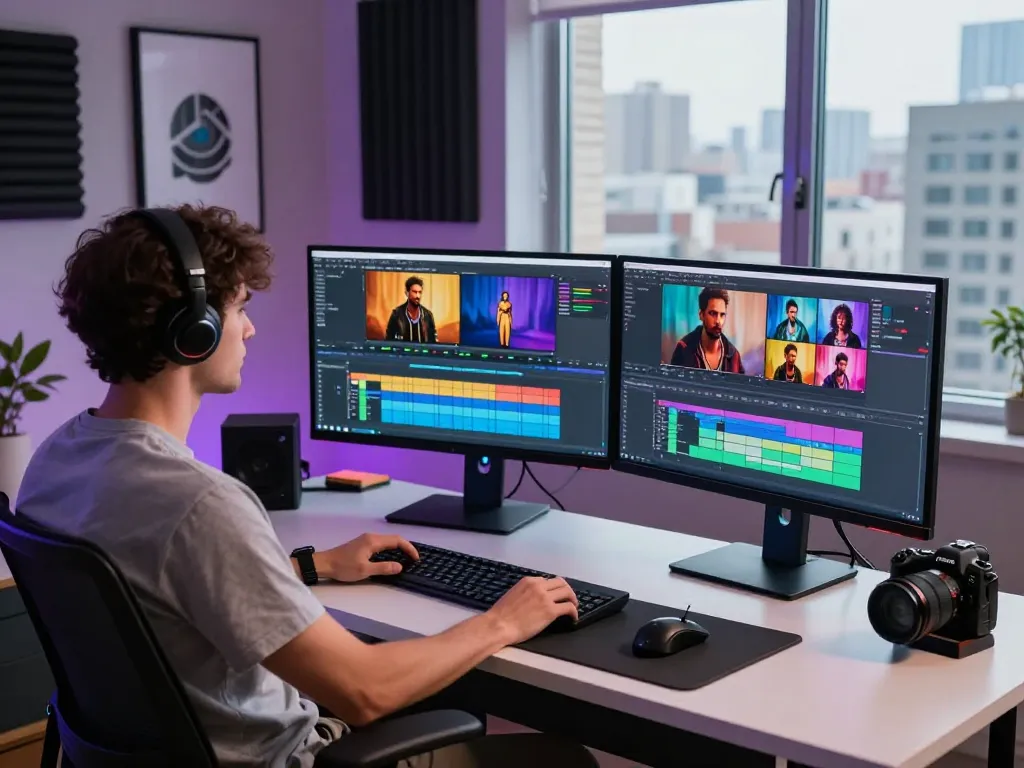 Video editor utilizing free motion control technology in a modern workspace.