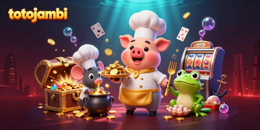 Experience the thrill of totojambi with pig chef serving gold coins surrounded by vibrant casino elements.