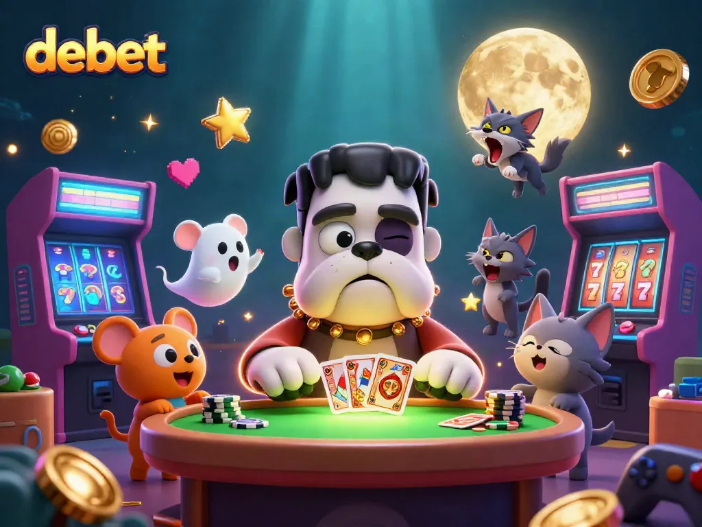 Engage in thrilling games at Debet, featuring a spooky casino illustration with playful characters.