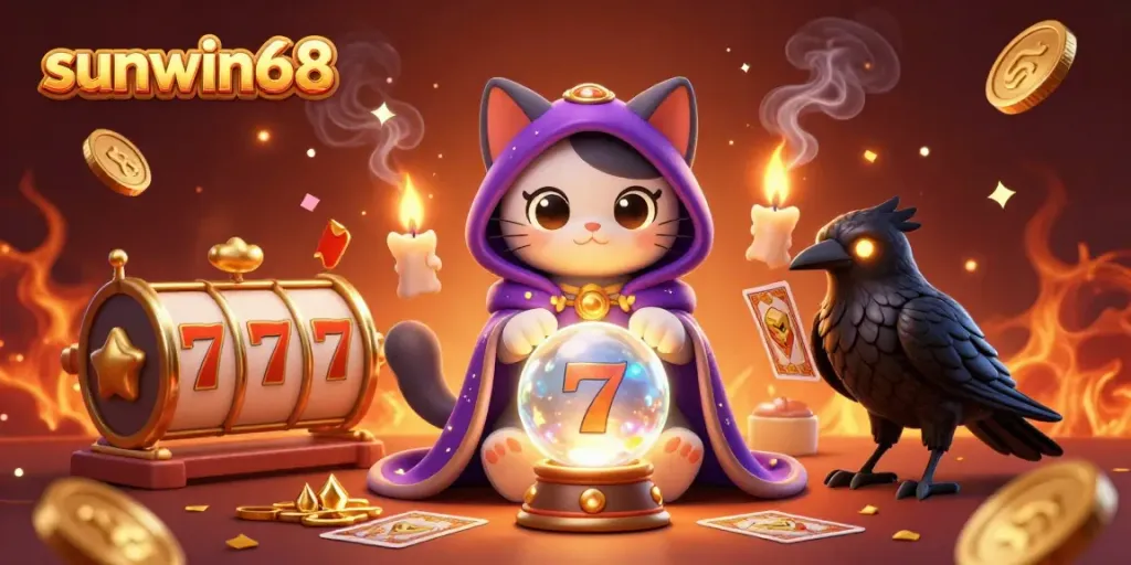 Experience vibrant gaming action at sunwin68 with a colorful 3D scene of a mystical cat and raven in a lively casino atmosphere.