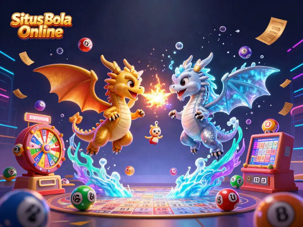 Situs Bola Online showcases dual flying dragons amidst vibrant casino elements and dynamic energy.