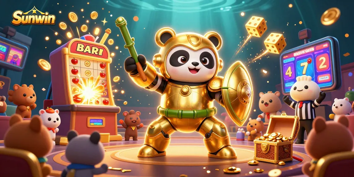 Sunwin showcases a vibrant gambling scene with a mech-suit panda, slot machine, and festive elements.
