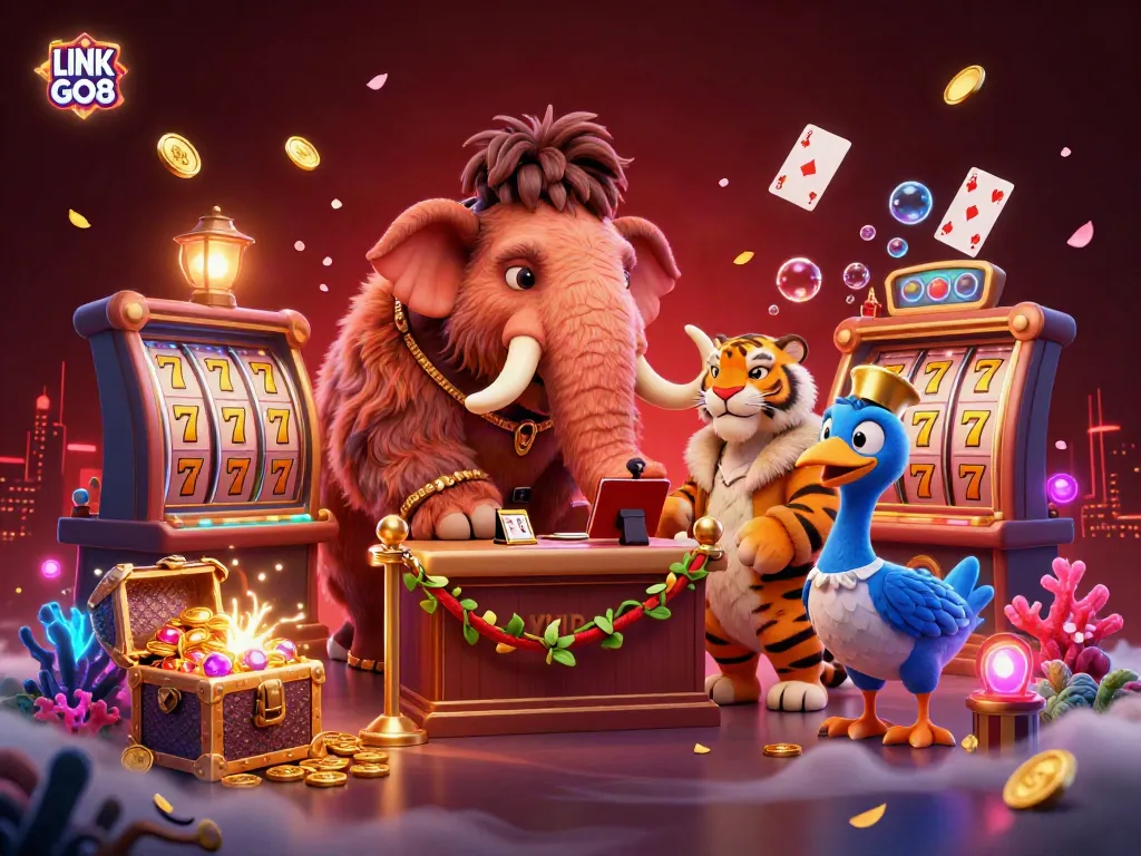 Engage in exciting gameplay with LINK GO8 as a woolly mammoth bouncer checks IDs at the casino entrance.