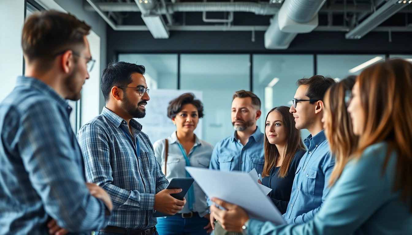 Headhunter Ingenieure in einer modernen Büroumgebung, die mit Ingenieuren interagiert.
