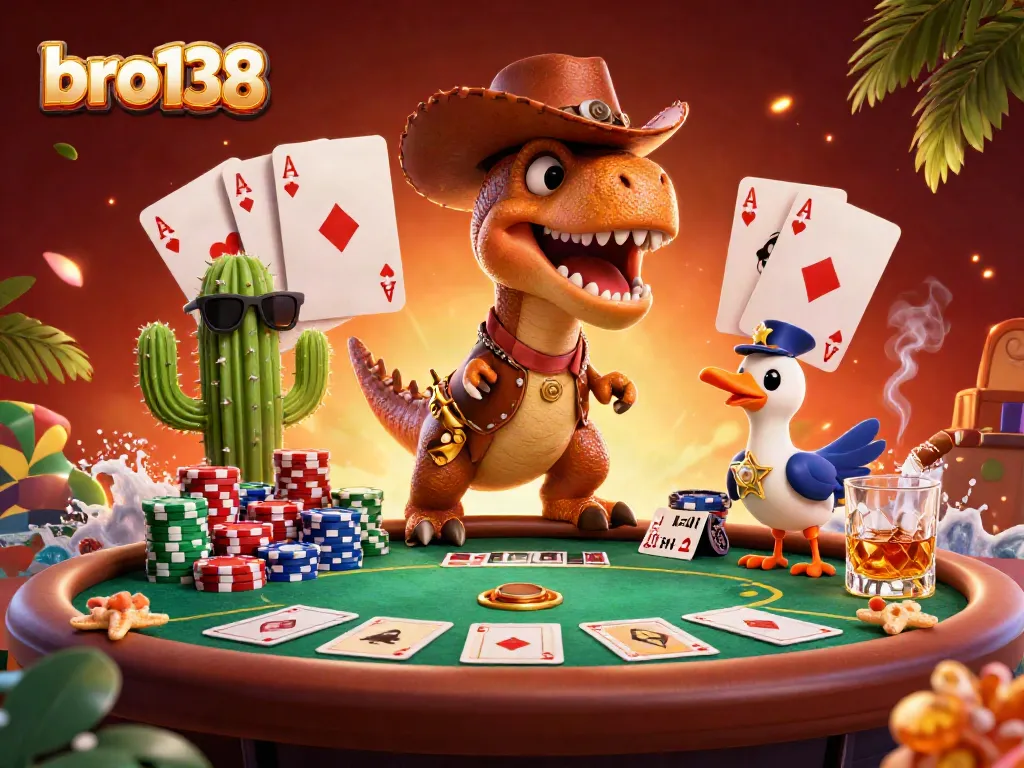 Experience thrilling gameplay with bro138 at this vibrant poker scene featuring a whimsical dinosaur and friends.