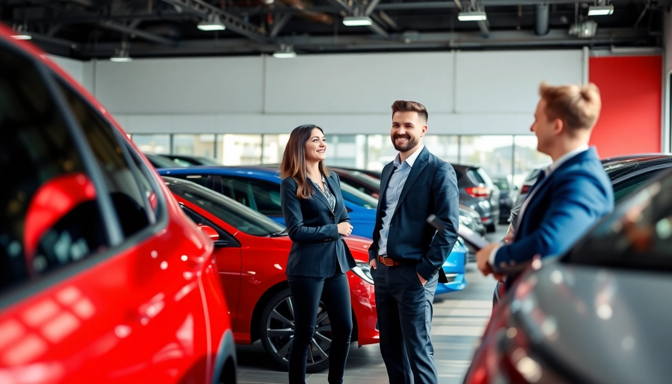 Auto kaufen: Kundenberatung durch einen freundlichen Verkäufer in einem modernen Autohaus.