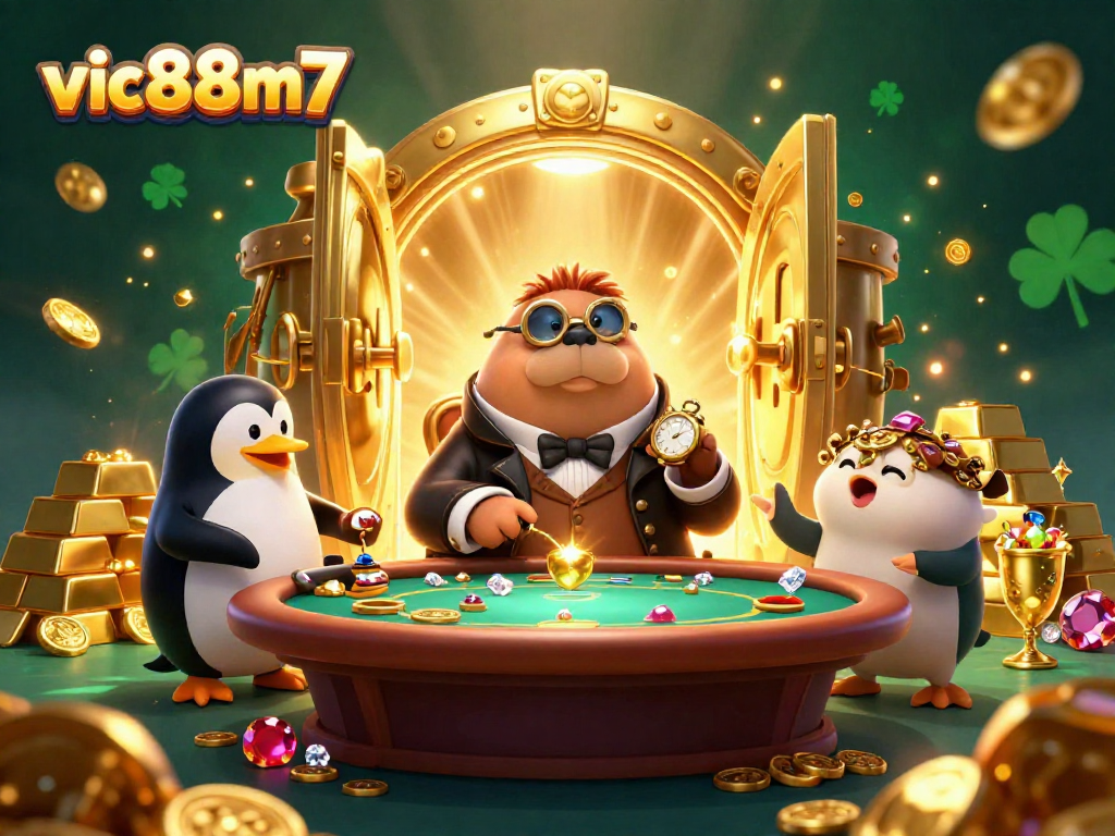 Engage in thrilling poker with vic88m7's jolly walrus at an underwater table, captivating gems and gold abound.