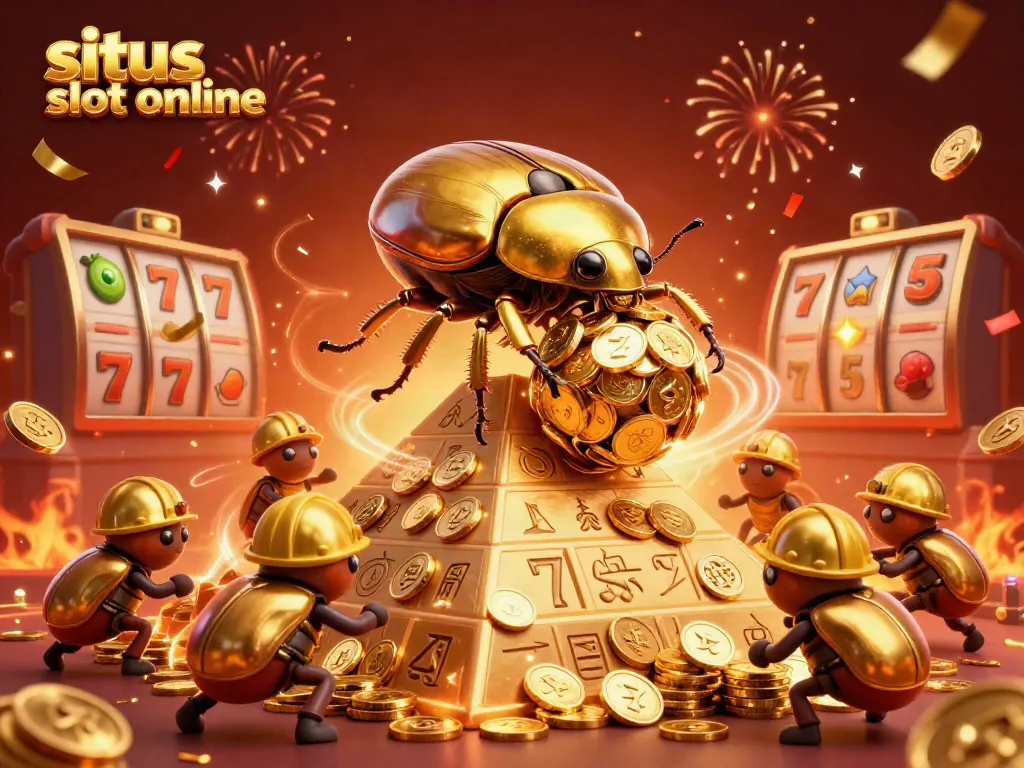 Engage in thrilling wins at situs slot online with a visual explosion of slot machines, golden coins, and vibrant details.