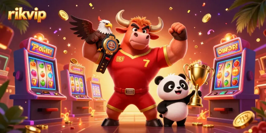 Experience the thrill as rikvip brings high-energy slots action featuring a victory bull mascot and vibrant casino elements.