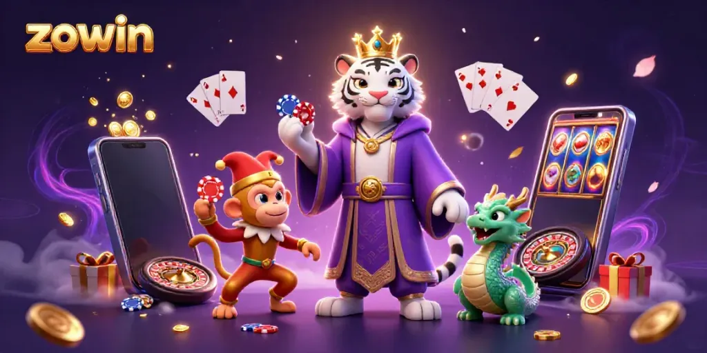 Zowin captures a playful casino scene with a tiger, monkey, and dragon amidst vibrant gaming elements.