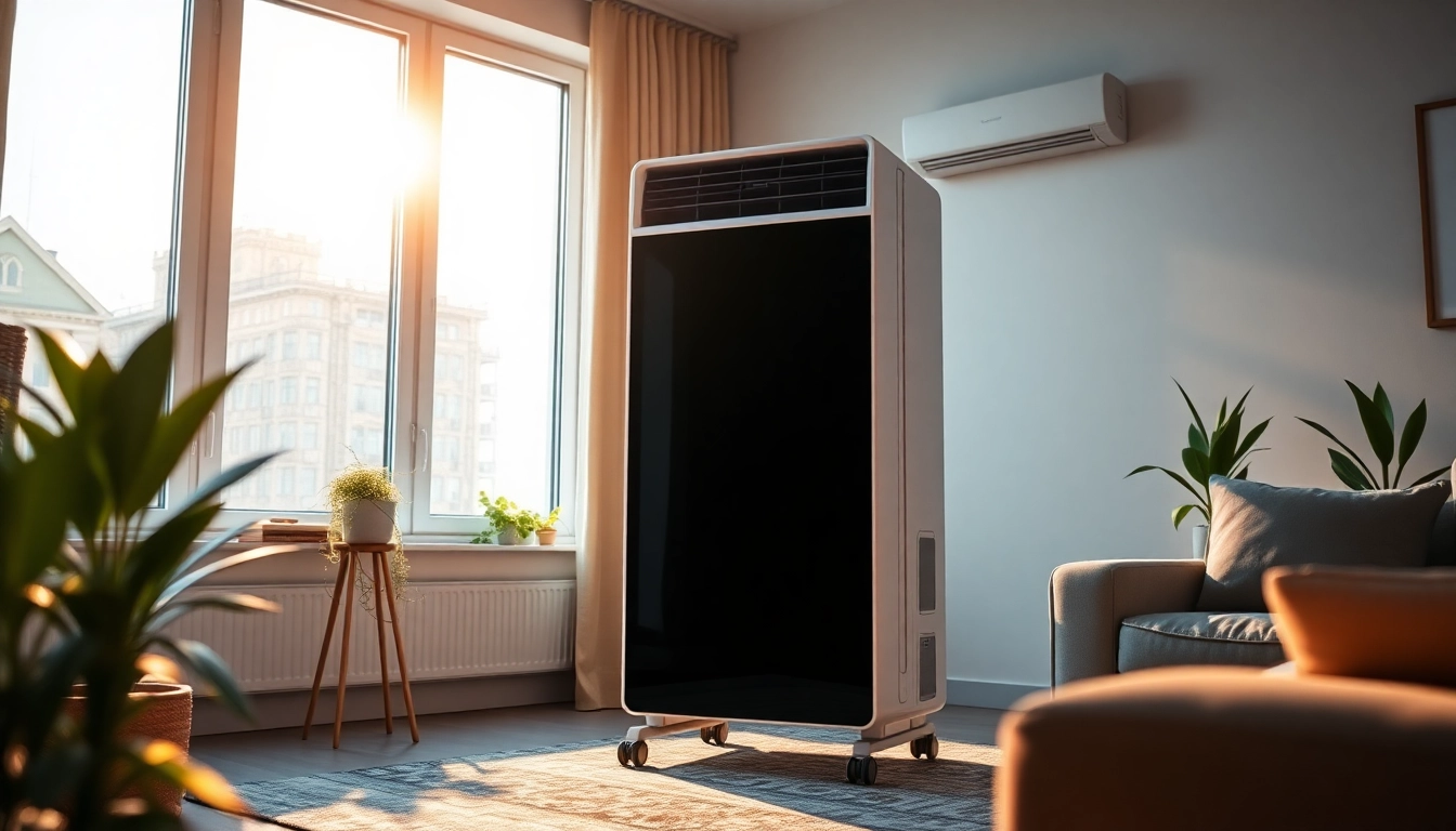Klima kaufen: Stylish air conditioner enhances a cozy living room space with natural light.