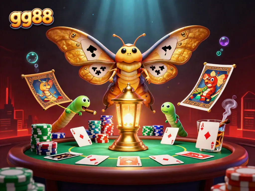 Engaging gaming scene showcasing gg88's vibrant casino atmosphere with a moth and silk worms.