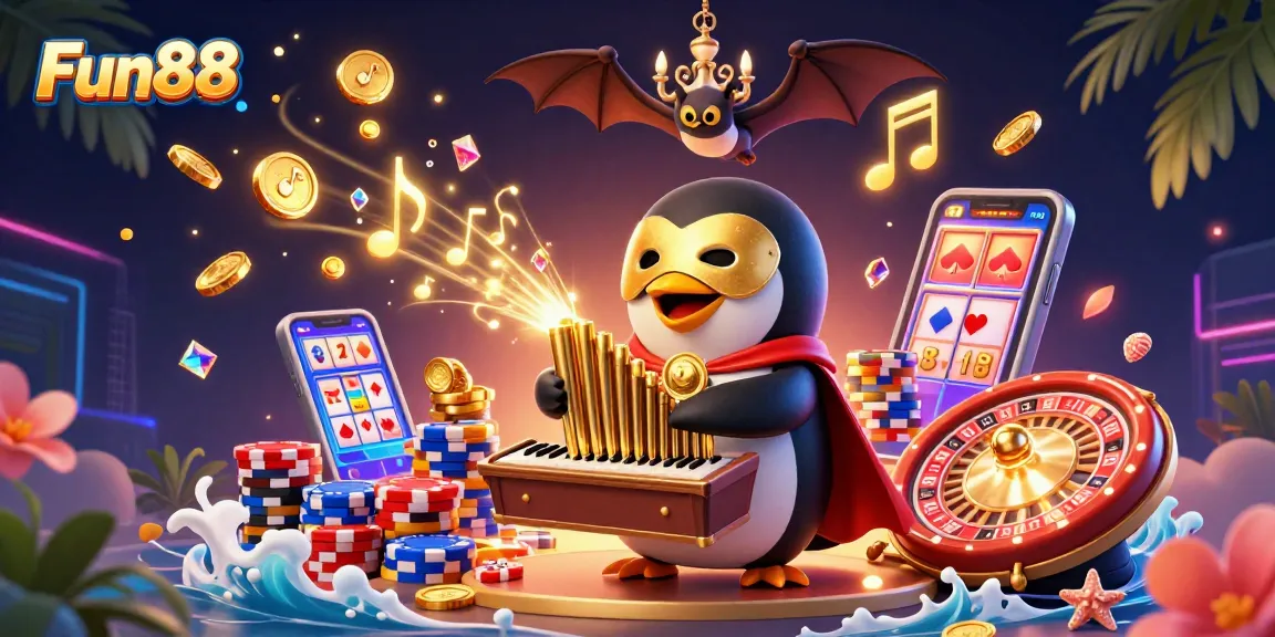 Experience Fun88's thrilling casino action with vibrant golden coins, acrobatic characters, and energized gameplay.