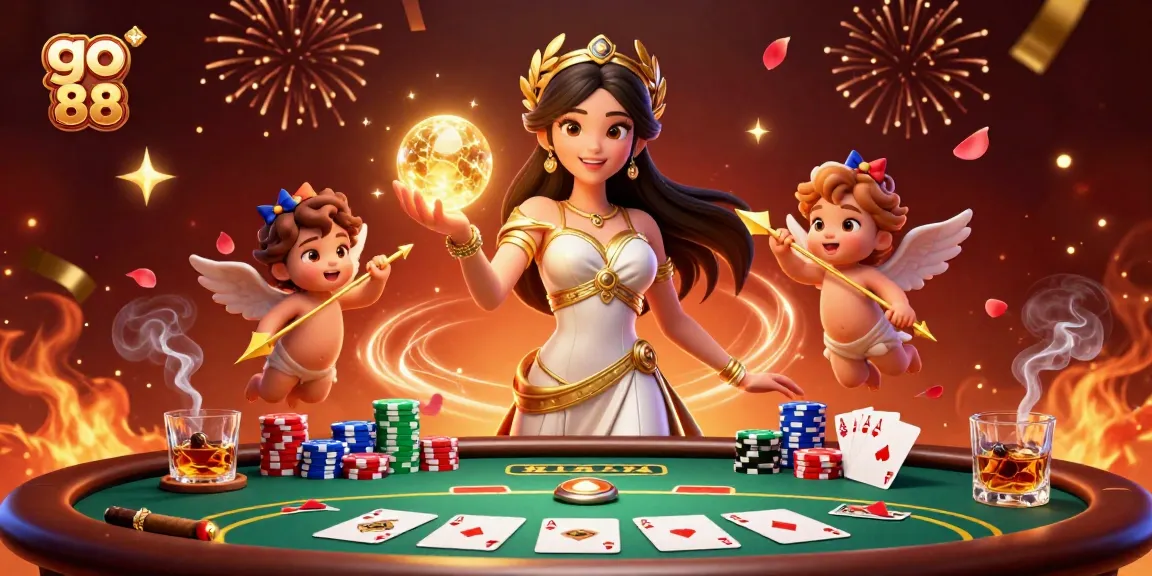Engage in thrilling games at go 88, surrounded by a dynamic casino scene with poker chips and cards.