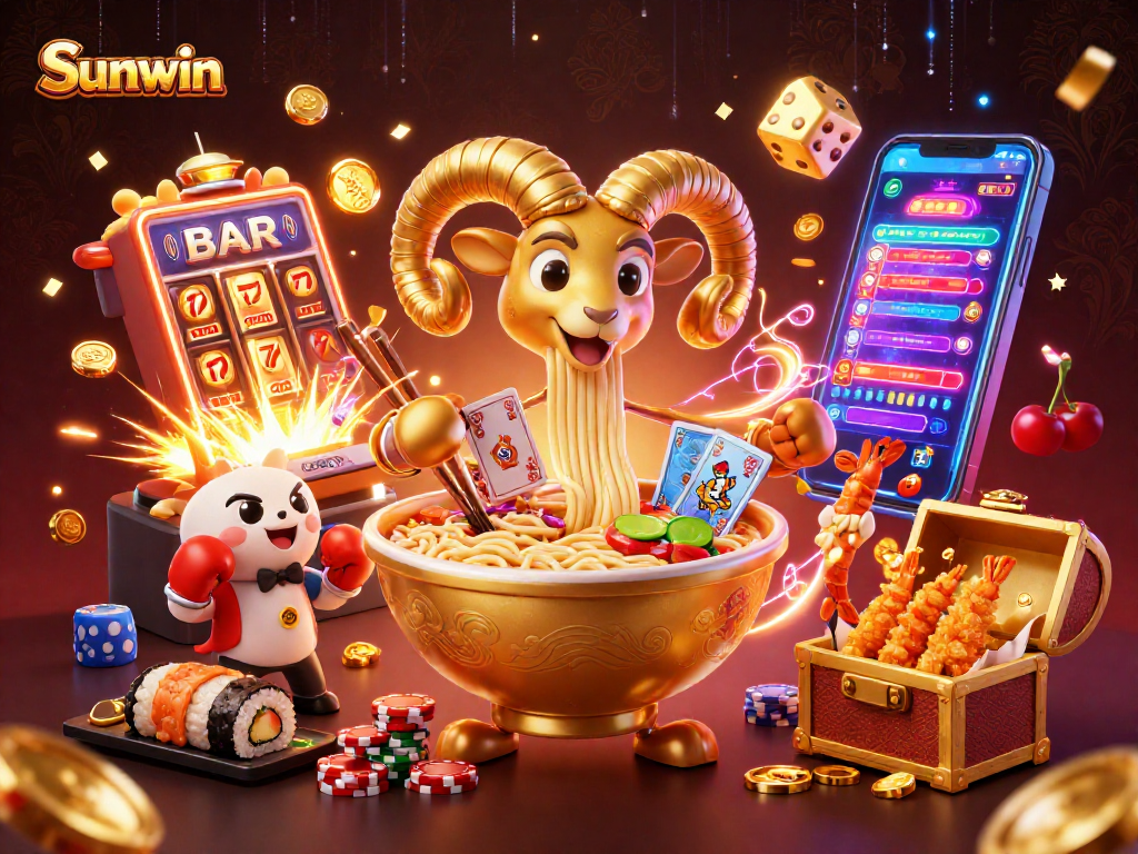Experience excitement at Sunwin with a 3D golden ramen bowl and casino elements.