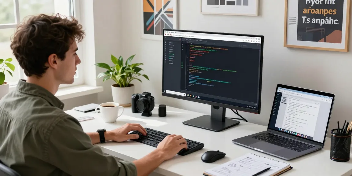 Shopware-Freelancer an einem modernen Arbeitsplatz mit Programmier-Setup und Kaffee, konzentriert auf die Entwicklung im E-Commerce