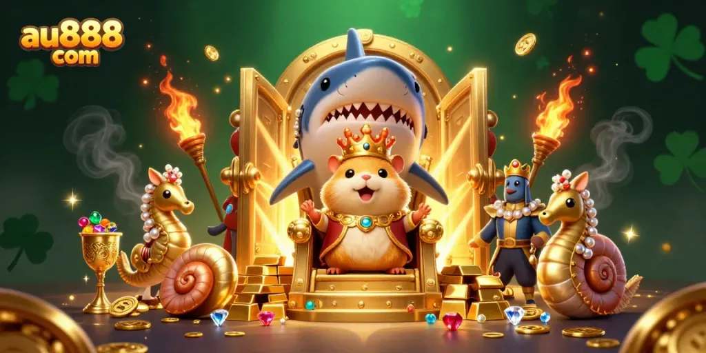Play thrilling games at au888 com, featuring colorful casino elements and a regal golden hamster king.