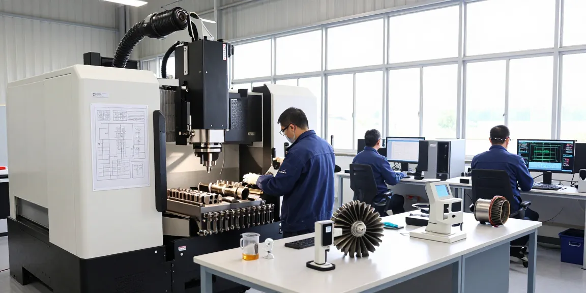 Präzisionstechnik Luft- und Raumfahrt in moderner CNC-Bearbeitungsumgebung mit Ingenieuren, die gewissenhaft an Luftfahrtkomponenten arbeiten.