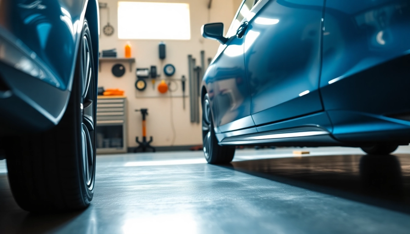 Fahrzeugaufbereitung in einem sauberen Garagenumfeld mit glänzendem Auto und hochwertigen Pflegeprodukten.