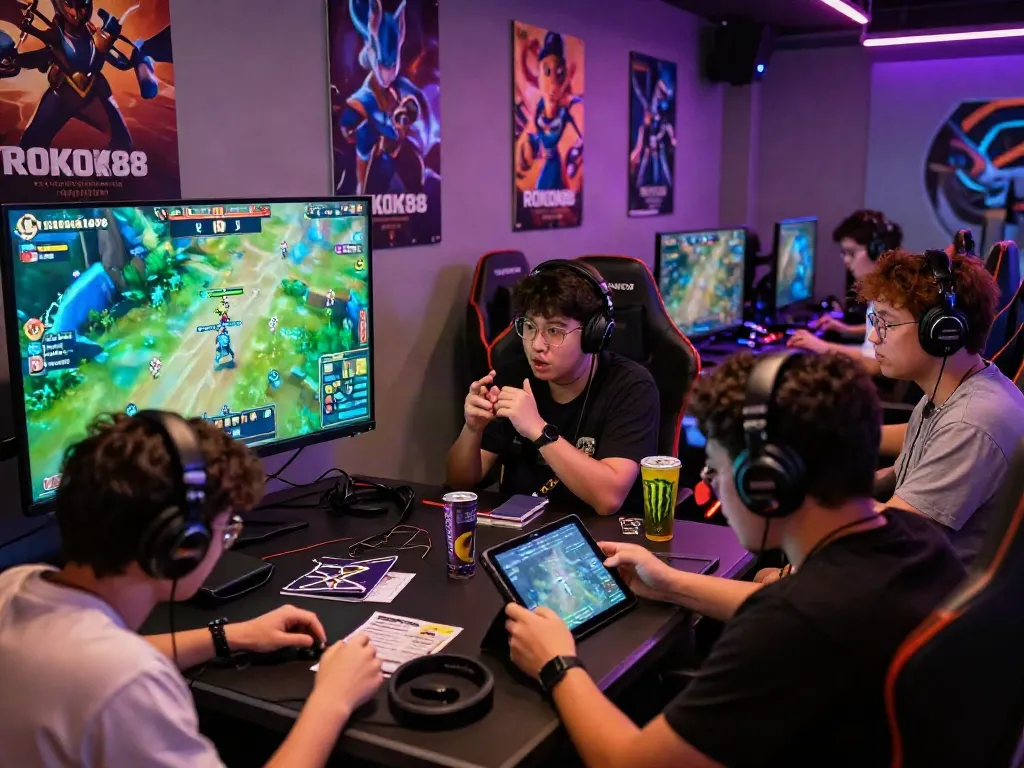 Players engaging in ROKOK88 gameplay while discussing strategies for rokok88 slot login in an energetic gaming lounge.