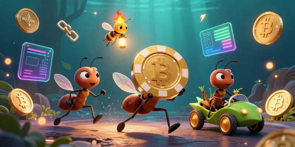 Ants heist on SV88 poker chip in vivid casino scene with golden particles and crypto elements.
