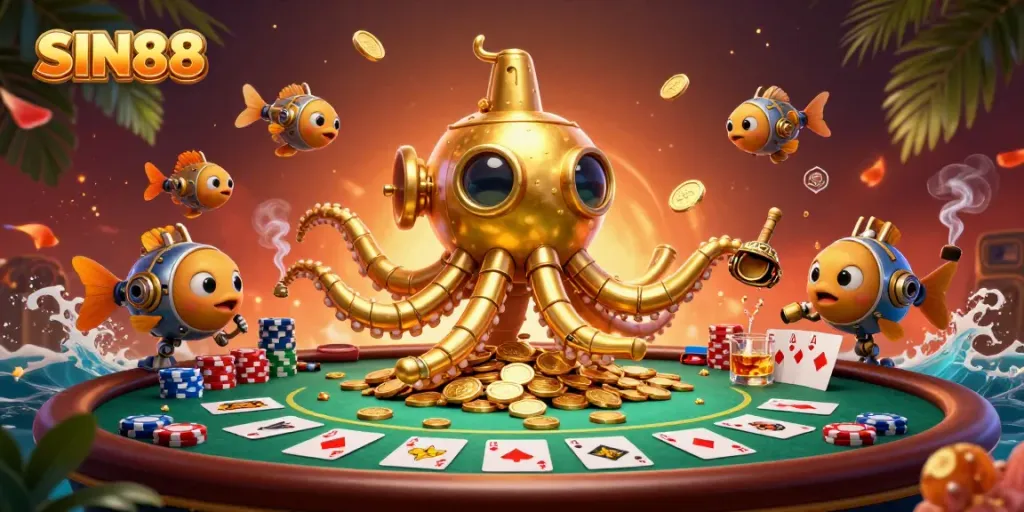 Experience the thrill of SIN88 with a golden kraken submarine amidst vibrant poker action.
