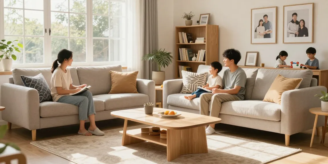 Erschwingliche Möbeloptionen in einem stilvollen Wohnzimmer, die günstige Möbel Online-Auswahl für Komfort der Familie zeigen.