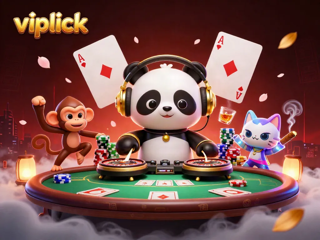 Experience the thrill at vipluck casino with a lively DJ panda, dancing monkey, and glowing kitten!