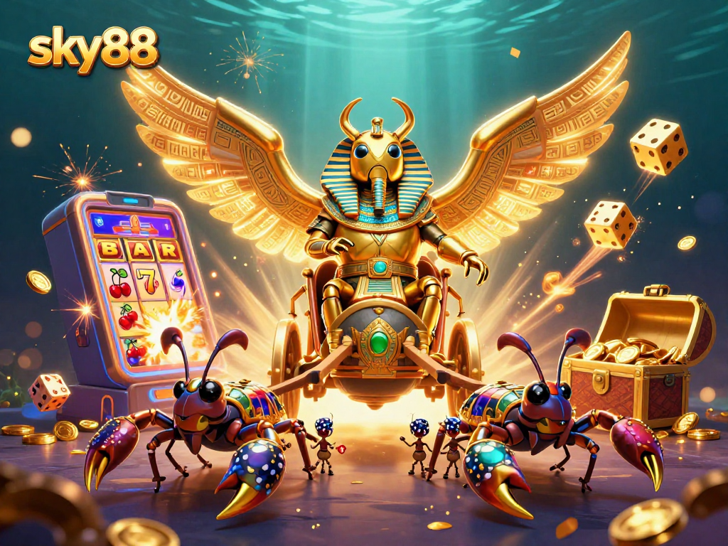 Experience thrilling wins at sky88 with a vibrant 3D casino illustration showing epic slot and gaming elements.