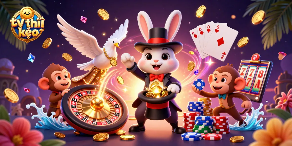 Engage with tỷ lệ kèo as the magician rabbit conjures gold coins in a lively casino scene with vibrant characters and dynamic elements.