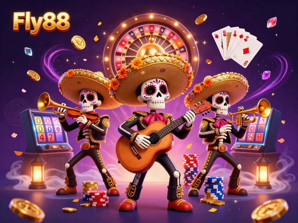 Experience Fly88's vibrant casino energy with a unique mariachi band amidst dazzling gaming elements.