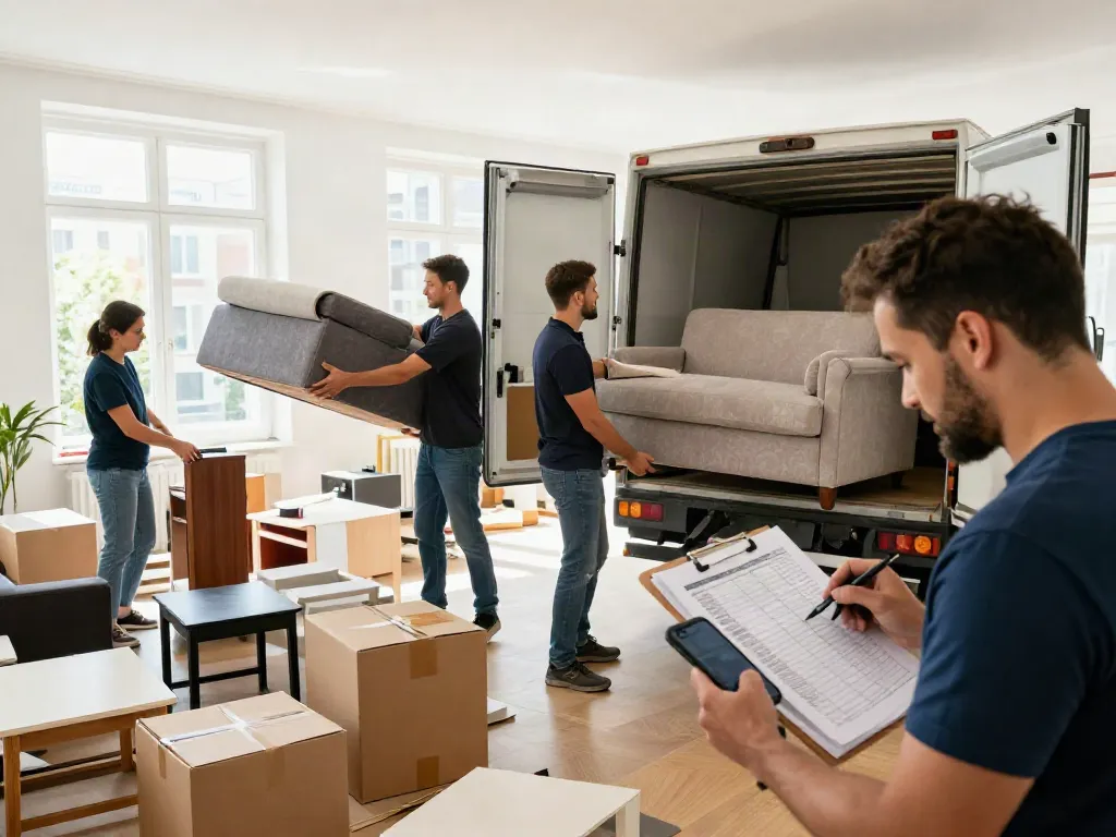 Entrümpelung Berlin: Professionelles Team beim Sortieren von Möbeln für eine Wohnungsauflösung in einem modernen Berliner Apartment